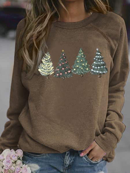 

Women's Christmas Tree Graphic Print Crew Neck Loose Casual Sweatshirt, Khaki, Hoodies&Sweatshirts