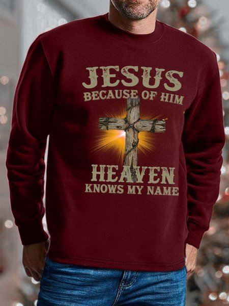 

Men Jesus Because Of Him Heaven Knows My Name Crew Neck Casual Text Letters Sweatshirt, Red, Hoodies&Sweatshirts