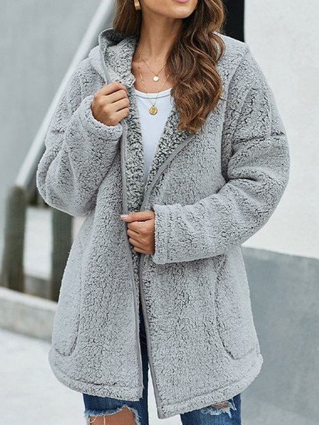 

Plain hooded Plush coat, Gray, Jackets
