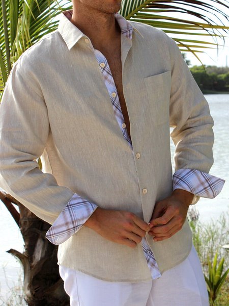 

Plaid Panel Chest Pocket Long Sleeve Shirt, Khaki, Long Sleeve Shirts