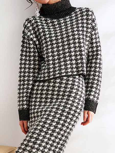 

Loose Elegant Turtleneck Houndstooth Sweater, Black, Pullovers