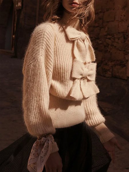 

Elegant Bow Crew Neck Plain Sweater, Pink, Pullovers