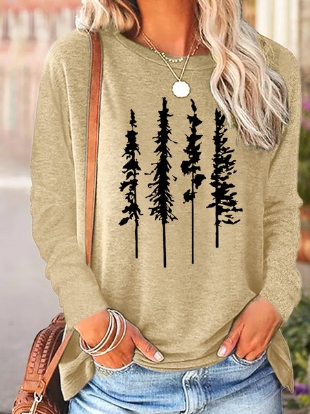 

Women's Christmas Tree Graphic Print Crew Neck Casual Christmas Top, Khaki, Long sleeves