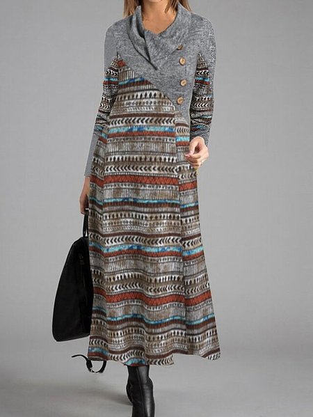 

Ethnic Floral Slim Fit Long Sleeve Dress, Gray, Maxi Dresses