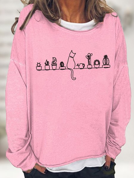 

Mens Plant Cat Graphic Print Casual Crew Neck Cotton-Blend Sweatshirt, Pink, Hoodies&Sweatshirts