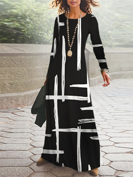 

Geometric Loose Casual Crew Neck Dress, Black, Maxi Dresses