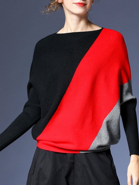 

Long sleeve Elegant Loose Boat Neck Sweater, Red, Pullovers