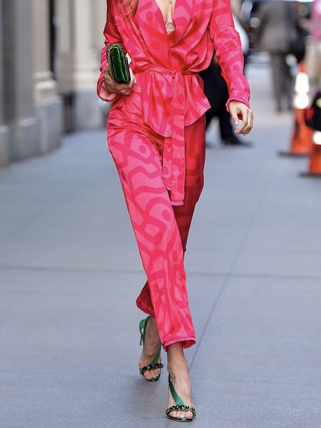 

Elegant Loose Fashion Mid Waist Ankle Pants, Dark pink, Pants