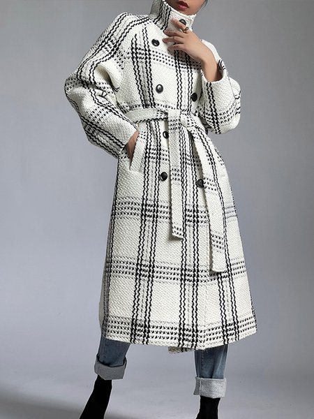 

Urban Lapel Collar Plaid Double Breasted Overcoat, White, Coats