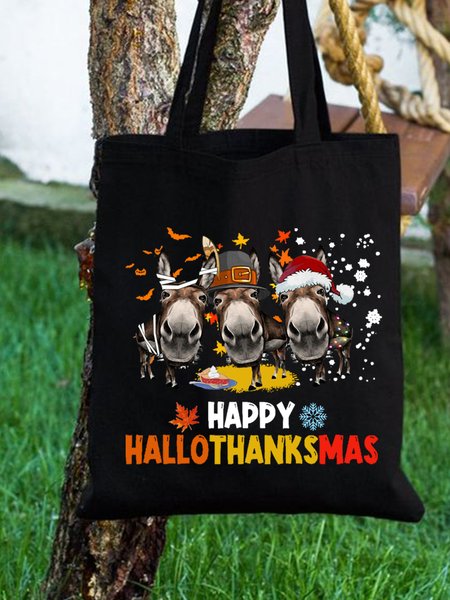 Happy Hallothanksmas Donkey Hat Merry Christmas Graphic Shopping Tote, Black, Bags