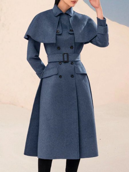 

Plain Regular Fit Shirt Collar Double Breasted Overcoat, Blue, Coats