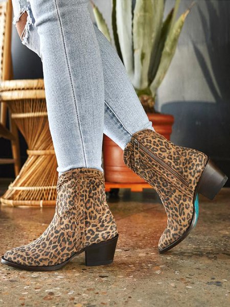 

Vintage Woven Pointed Toe Zip Rider Booties, Leopard, Boots