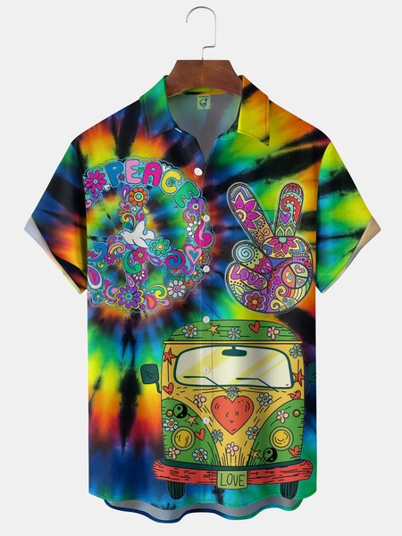 

Hippie Chest Pocket Short Sleeve Shirt, Blue, Men Shirts