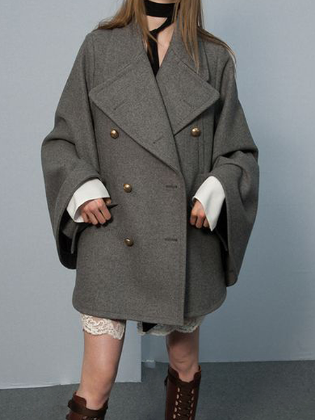 

Loose Long sleeve Lapel Collar Mid-long Overcoat, Gray, Coats