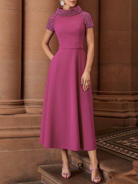 

Regular Fit Elegant Shawl Collar Midi Dress, Rose red, Midi Dresses