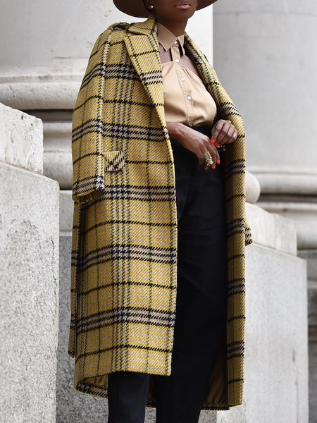 

Loose Plaid Lapel Collar Overcoat, Yellow, Coats