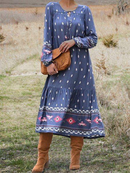 

Ethnic Crew Neck Loose Dresses, Blue, Dresses