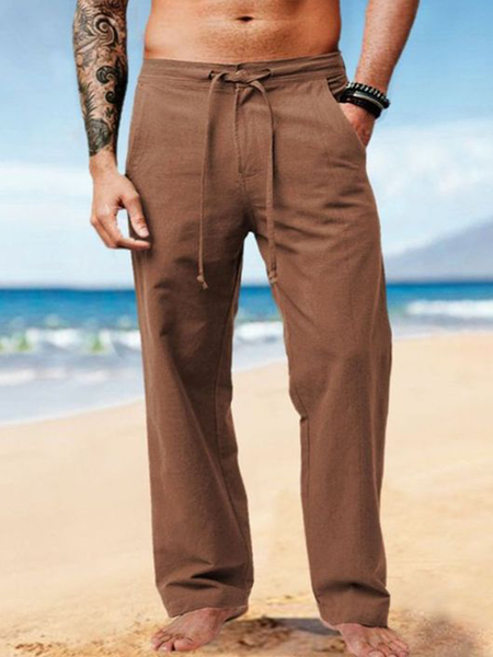 

Plain Cotton Drawstring Waist Straight Pants, As picture, Men's pants