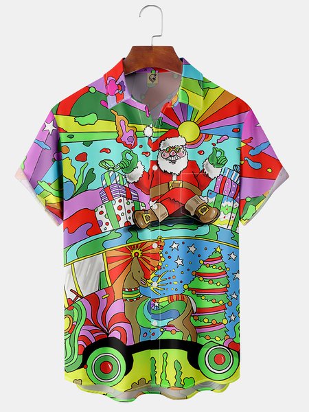 

Hippie Christmas Chest Pocket Short Sleeve Shirt, Green, Men Shirts
