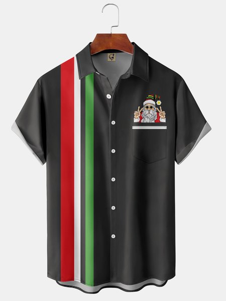 

Santa Claus Chest Pocket Short Sleeve Bowling Shirt, Black, Men Shirts