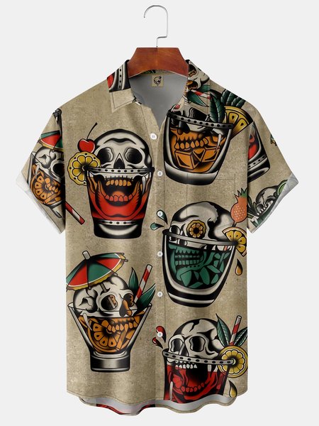 

Cocktail Skull Chest Pocket Short Sleeve Shirt, Khaki, Men Shirts