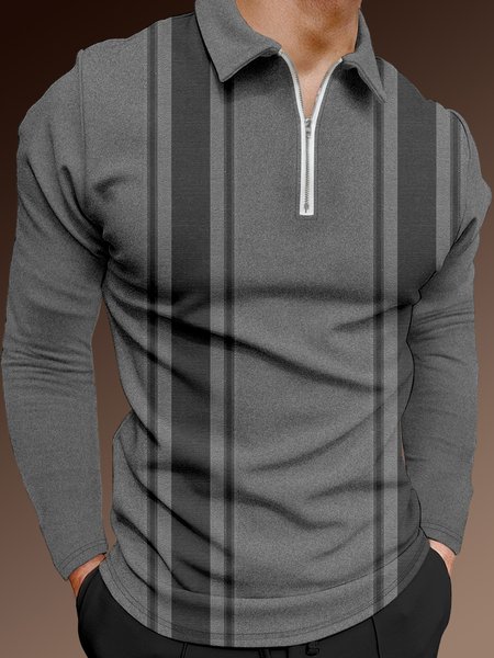 

Geometric Zip Long Sleeve Polo, Dark gray, Men's t-shirts