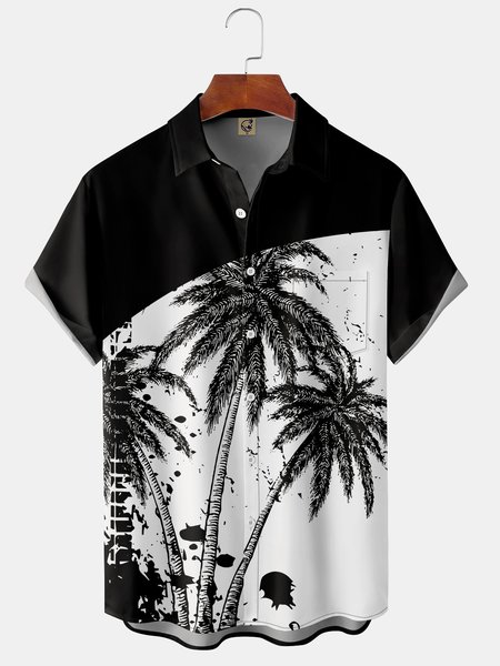 

Coconut Tree Chest Pocket Short Sleeve Hawaiian Shirt, Black, Men Shirts