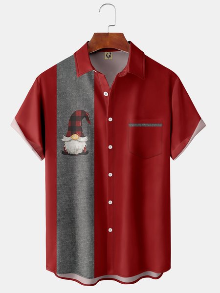 

Christmas Gnomes Chest Pocket Short Sleeve Bowling Shirt, Red, Short Sleeve Shirts