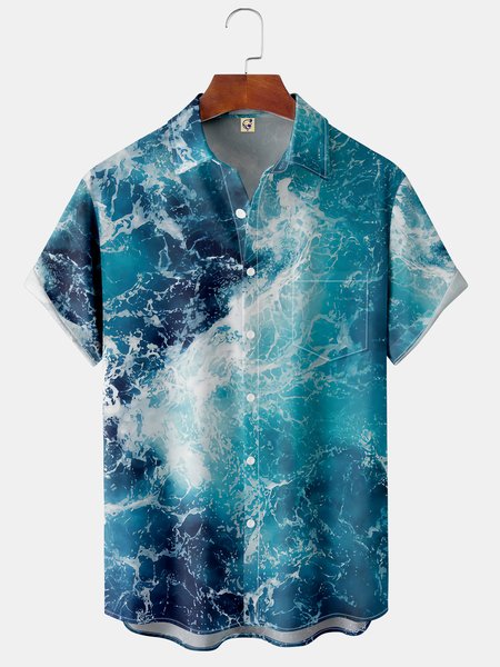 

Waves Chest Pocket Short Sleeve Shirt, Blue, Men Shirts