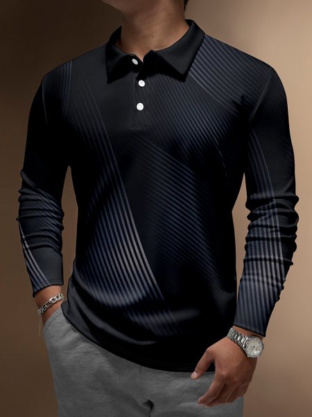 

Gradient Striped Buttons Long Sleeve Polo, Black, Men's t-shirts