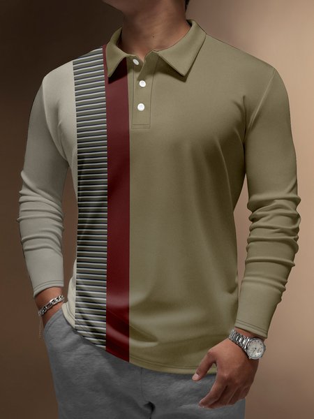 

Geometric Buttons Long Sleeve Polo, Yellow brown, Men's t-shirts