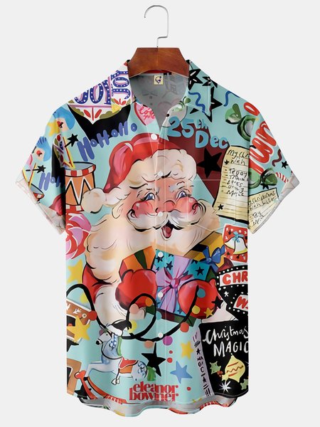 

Christmas Santa Claus Chest Pocket Short Sleeve Casual Shirt, Blue, Men Shirts
