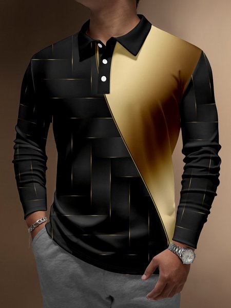 

3D Black Gold Geometric Buttons Long Sleeve Polo, Men's t-shirts
