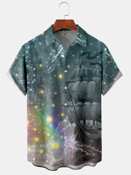 

Sailboat Chest Pocket Short Sleeve Shirt, Blue, Men Shirts