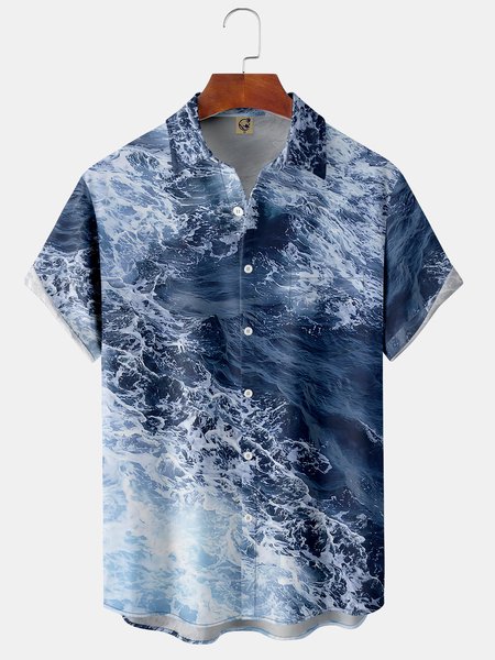 

Waves Chest Pocket Short Sleeve Shirt, Blue, Men Shirts