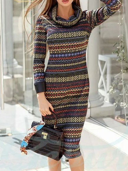 

Casual Turtleneck Color Block Dresses, Multicolor, Dresses