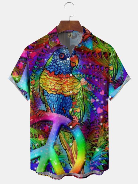 

Hippie Parrot Chest Pocket Short Sleeve Shirt, Purple, Men Shirts