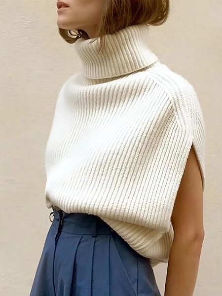 

Sleeveless Acrylic Regular Fit Turtleneck Sweater, White, Pullovers