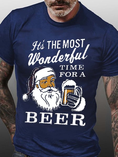 

Santa beer print round neck short-sleeved cotton T-shirt, Purplish blue, T-shirts