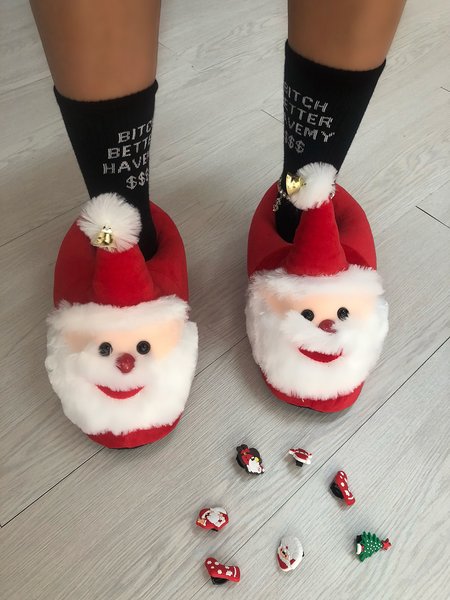 

Christmas Snowman Bell Household Toe-covered Slippers, White-red, Slippers