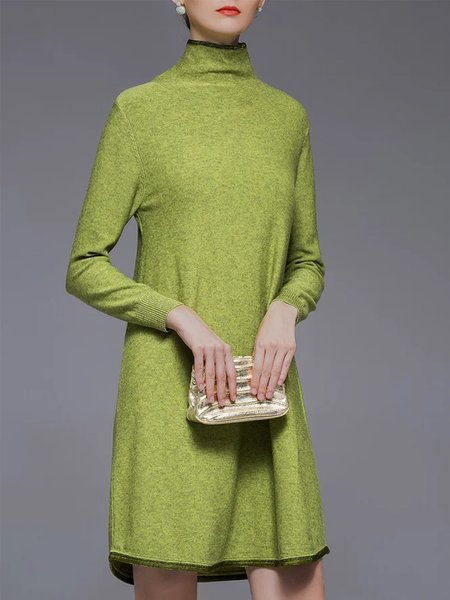 

Turtleneck Plain Simple Long Sleeve Mini Dress, Green, Midi Dresses