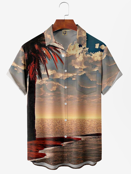 

Coconut Tree Chest Pocket Short Sleeve Hawaiian Shirt, Blue, Men Shirts