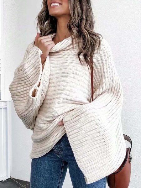 Long sleeve Regular Size Casual Sweater, White, Pullovers