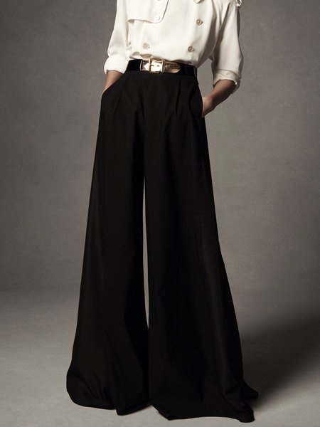 

Stylewe Plain Fashion Mid Waist Wide leg Pants, Black, Pants