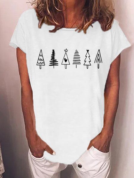 

Women's Merry Christmas Tree Print Casual Crew Neck Loose T-Shirt, White, T-shirts