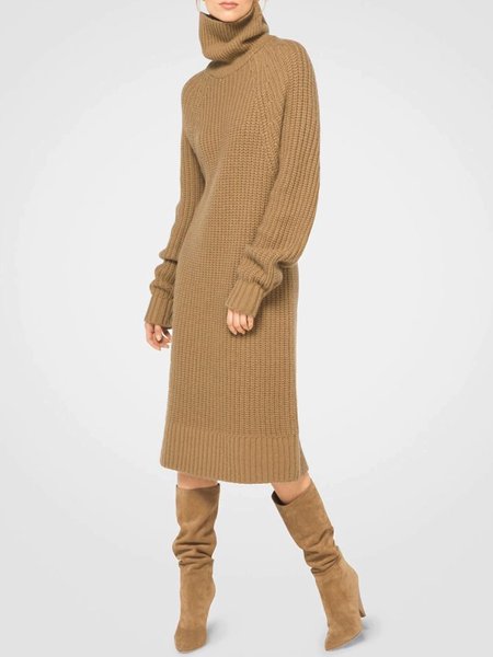 

Long sleeve Turtleneck Elegant Midi Dress, Camel, Midi Dresses