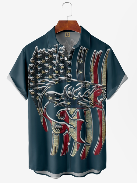 

American Flag Chest Pocket Short Sleeve Shirt, Blue, Men Shirts