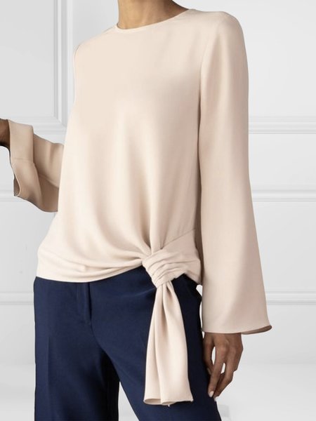 

Long sleeve Crew Neck Casual Plain Blouse, Apricot, Blouses and Shirts