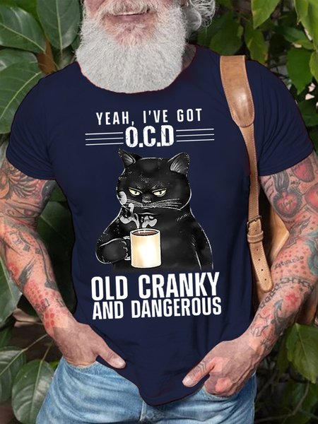 

Mens Old Cranky And Dangerous Funny Text Letters Cat Coffee Graphic Print Crew Neck Cotton T-Shirt, Purplish blue, T-shirts