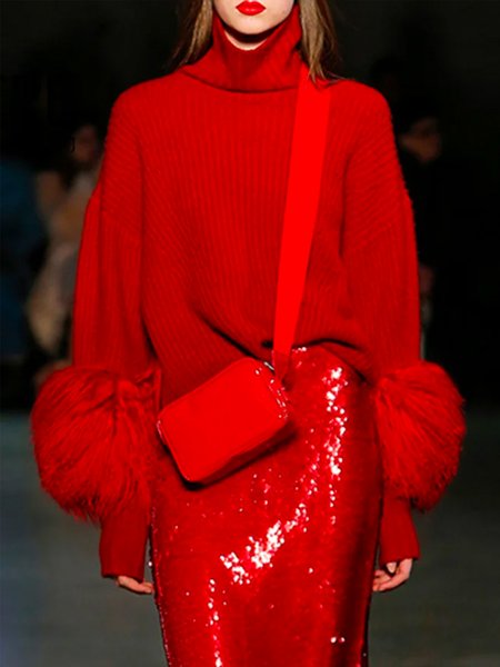 Urban Plain Turtleneck Loose Sweater, Red, Pullovers